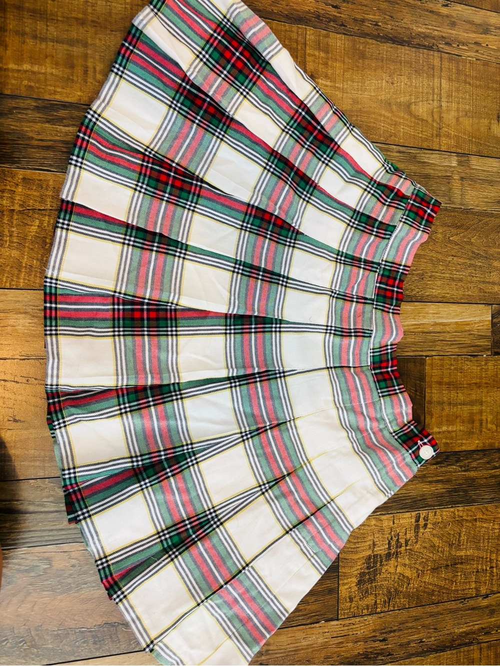 aerie White Plaid Pleated Mini Skirt with Red & Green Stripes